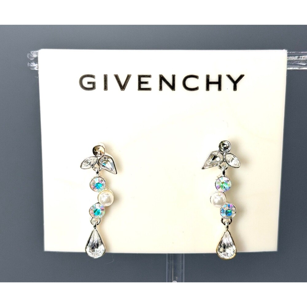Givenchy Crystal Faux Pearl Drop Earrings Silver Tone NWT Clairlune